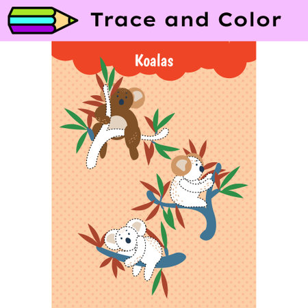 Pen tracing lines activity worksheet for children. Pencil control for kids practicing motoric skills. Koala educational printable worksheet. Vector illustration.のイラスト素材