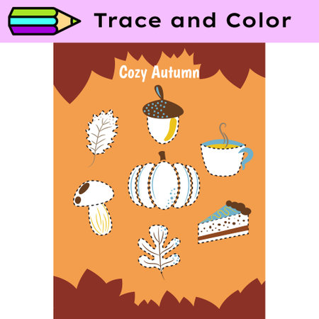 Pen tracing lines activity worksheet for children. Pencil control for kids practicing motoric skills. Autumn educational printable worksheet. Vector illustration.のイラスト素材