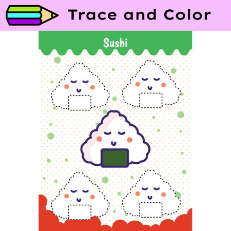 Pen tracing lines activity worksheet for children. Pencil control for kids practicing motoric skills. Sushi educational printable worksheet. Vector illustration.のイラスト素材