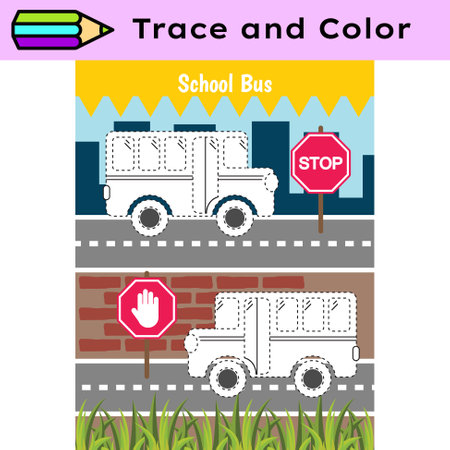 Pen tracing lines activity worksheet for children. Pencil control for kids practicing motoric skills. School bus educational printable worksheet. Vector illustration.のイラスト素材