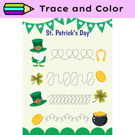Pen tracing lines activity worksheet for children. Pencil control for kids practicing motoric skills. St Patrick Day educational printable worksheet. Vector illustration.のイラスト素材