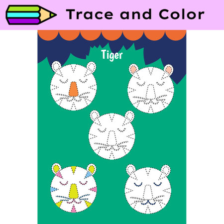 Pen tracing lines activity worksheet for children. Pencil control for kids practicing motoric skills. Tigers educational printable worksheet. Vector illustration.のイラスト素材