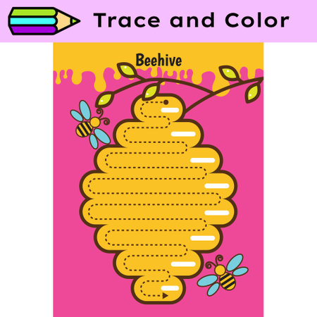Pen tracing lines activity worksheet for children. Pencil control for kids practicing motoric skills. Beehive educational printable worksheet. Vector illustration.のイラスト素材