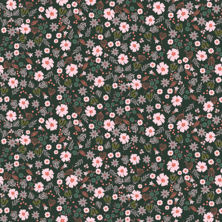 Millefleur meadow green and pink background retro color flowers tender seamless pattern.のイラスト素材