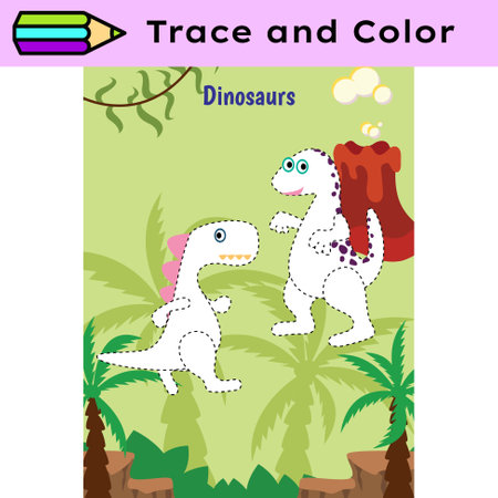 Pen tracing lines activity worksheet for children. Pencil control for kids practicing motoric skills. Dino educational printable worksheet. Vector illustration.のイラスト素材