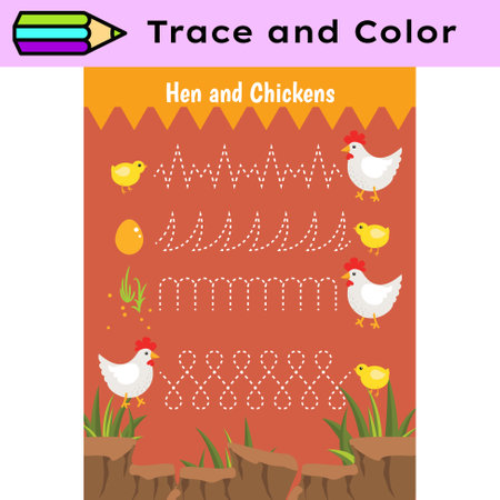 Pen tracing lines activity worksheet for children. Pencil control for kids practicing motoric skills. Chicken farm educational printable worksheet. Vector illustration.のイラスト素材