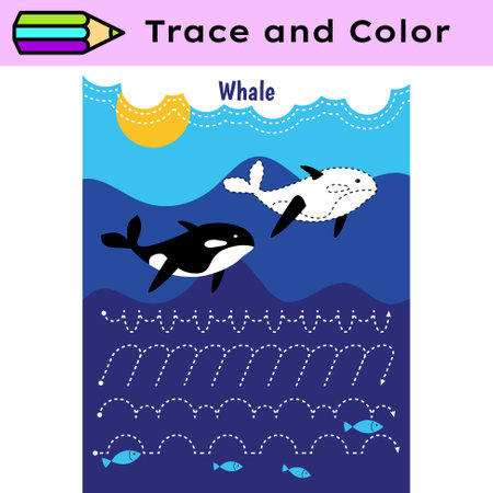 Pen tracing lines activity worksheet for children. Pencil control for kids practicing motoric skills. Whales educational printable worksheet. Vector illustration.のイラスト素材