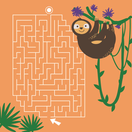 Maze game Labyrinth Sloth vector illustration. Colorful puzzle for kidsのイラスト素材