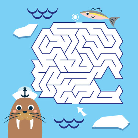 Maze game Labyrinth Walrus vector illustration. Colorful puzzle for kidsのイラスト素材