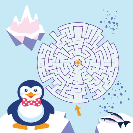Maze game Labyrinth Penguin vector illustration. Colorful puzzle for kidsのイラスト素材