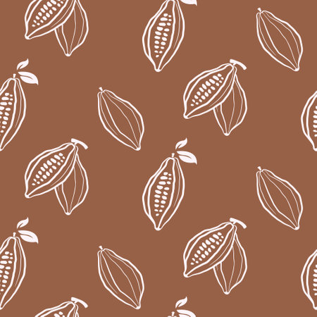 Cacao beans pattern vector illustration. Cocoa hand drawn doodle texture. Chocolate bean sketch background. Cacao plant part, cacao leaves. Design for cafe chocolate dessert, shop menu, chocolate bar label, packaging.のイラスト素材