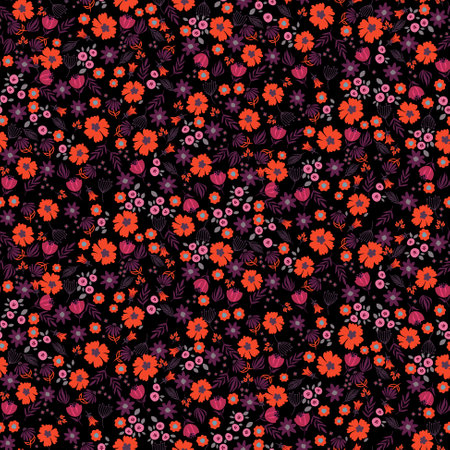Millefleur meadow purple dark background retro color flowers tender seamless pattern.のイラスト素材