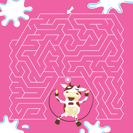 Maze game Labyrinth Cow vector illustration. Colorful puzzle for kidsのイラスト素材