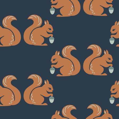 Seamless pattern with cute squirrels and acorns. Hand drawn childish dark blue and mustard background with forest animals. Endless baby texture for wallpaper, textile and prints.のイラスト素材