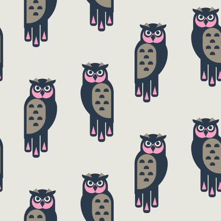 Seamless pattern with cute owls. Flat cartoon style childish blue and beige background with forest night birds. Endless baby texture for wallpaper, textile and prints.のイラスト素材