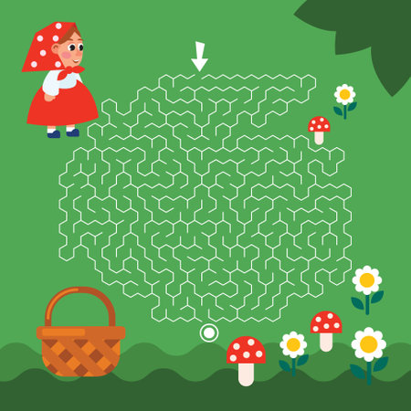 Maze game Labyrinth Girl vector illustration. Colorful puzzle for kidsのイラスト素材