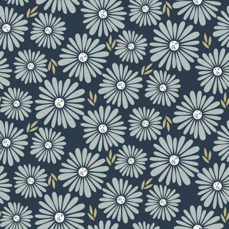 Daisy meadow dark blue background retro color bold flowers tender seamless pattern. Fabric floral design.のイラスト素材