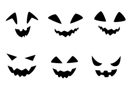 Halloween Character black silhouette face icons. Pumpkin face sign emotions. Jack O lantern pictogram isolated on white, transparent background. Vector Icon shape, simple symbol.のイラスト素材
