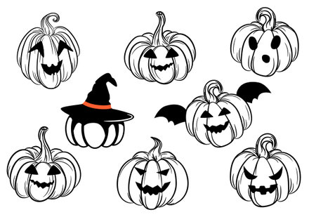 Halloween Pumpkin Character black silhouette face icons. Pumpkins carved emotions. Pictogram isolated on white, transparent background. Vector Icon shape, simple symbol.のイラスト素材