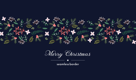 Merry Christmas and Happy Holidays card template with New Year flowers, berries, branches, foliage items on blue background design. Festive Modern universal artistic vector horizontal templateのイラスト素材