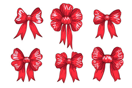 Bow clipart set for gift wrapping for birthday, Valentine Day, Christmas, New Year. Red cartoon Bow coquette y2k aesthetic ribbon, elegant accessory, tie knots isolated on white background.のイラスト素材
