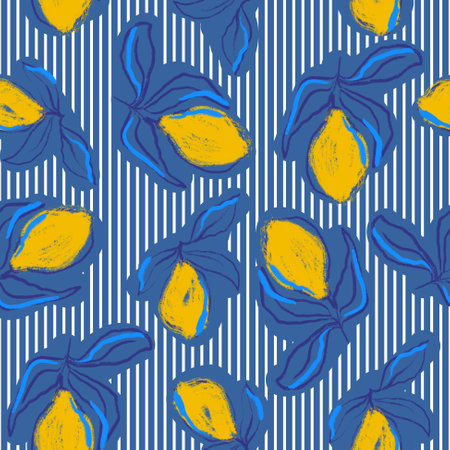 Lemons hand drawn seamless pattern design for textile print. Summer citrus fruit background with stripes on blue.の写真素材