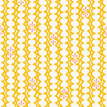 Yellow curvy stripes hand drawn seamless pattern design for textile print. Summer background abstract brush stroked design.の写真素材