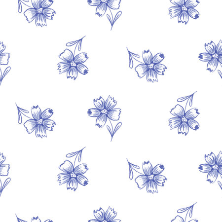 Hand drawn blue flowers seamless patterns with organic nature shapes on white for fabric, textiles, clothing, wallpaper, cover, banner, home decor, florals backgrounds.の写真素材