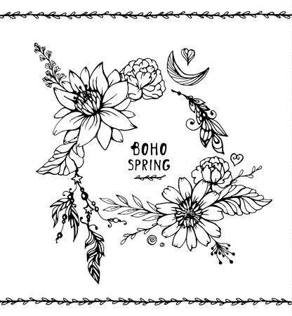 Set of Boho Style Frames and hand drawn elements, flowers elements.のイラスト素材