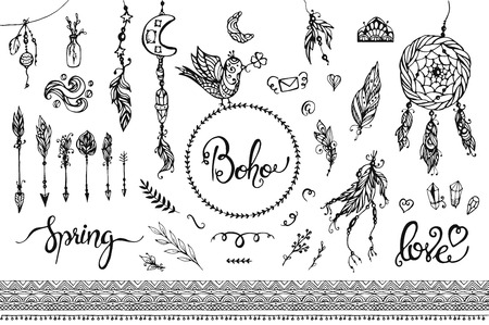 Set of Boho Style Frames and hand drawn elementsのイラスト素材