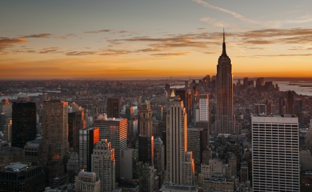 Midtown Manhattan skyline at sunset, New York Cityの写真素材