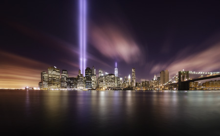 Tributes lights over the skyline of Manhattan, New York on Memorial day 9-11-2014のeditorial素材