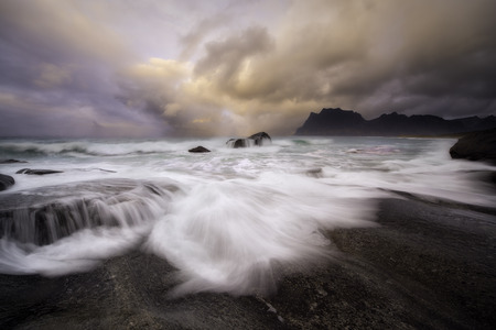 Beautiful sunset over lofoten islands, norway, in a stormy dayの写真素材