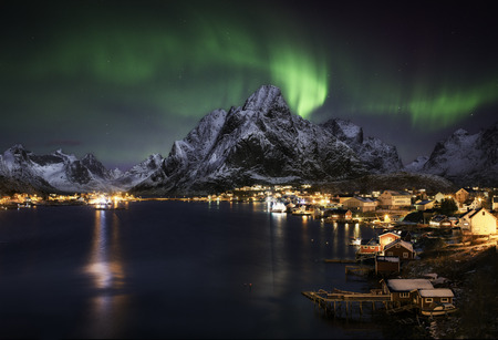 Northern lights over Reine, Lofoten islands, Norway, polar circleのeditorial素材