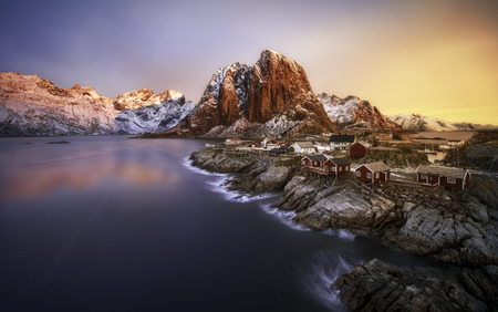 Sunrise over Hamnoy, Lofoten islands, Norwayの写真素材