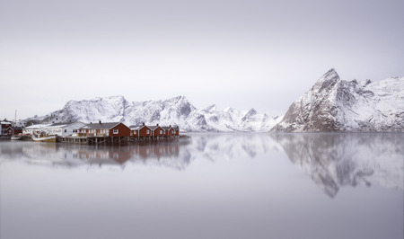 Beautiful sunrise oveer Hamnoy village, Lofoten islands, Norway in winterの写真素材