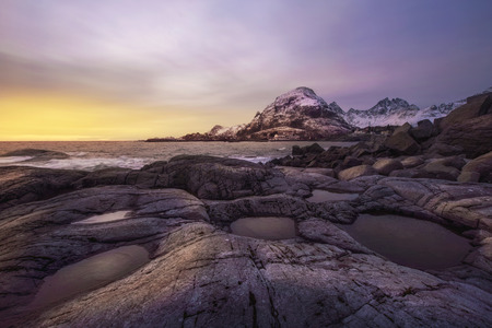 colorful sunset over Lofoten Islands, Norway in winterの写真素材