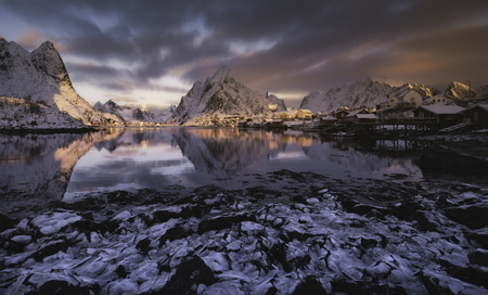 Sunrise over Reine, Lofoten islands, Norway in winterの写真素材
