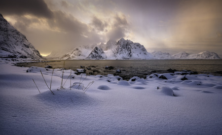 Sunset light in Vareid`s beach, Lofoten, Norwayの写真素材