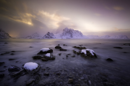Magical sunset over Lofoten islands, Norway in winterの写真素材
