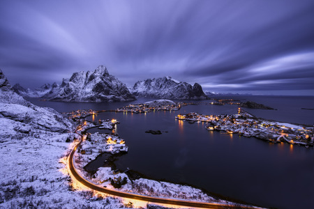 Reine village in a cloudy sunset, Lofoten islands, Norwayの写真素材