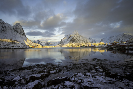 Cold Sunrise over Reine, Lofoten islands, Norway in winterの写真素材