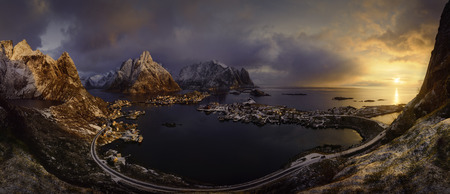 Colorful sunrise over Reine, Lofoten islands, Norwayの写真素材