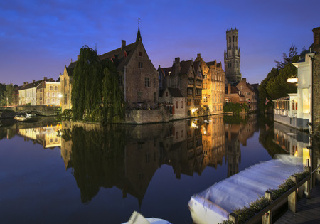 Blue hour over Bruges city, Belgiumの写真素材