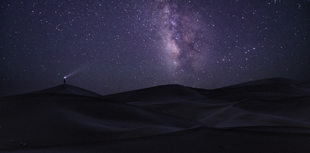Alone man under the Milky Way, Sahara desert, Morocco.の写真素材