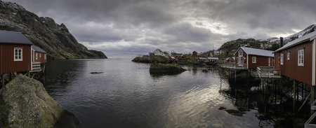 Red wooden cabins in a fisherman`s village, Lofoten, Norwayの写真素材