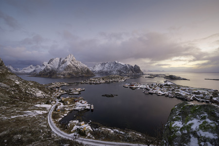 Reinefjiord and fisherman`s village before sunrise, Lofoten islands, Norwayの写真素材