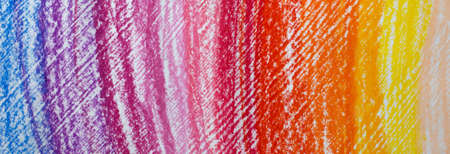 Child's rainbow crayon drawing. Hand-drawn. Bright multicolor header banner background.