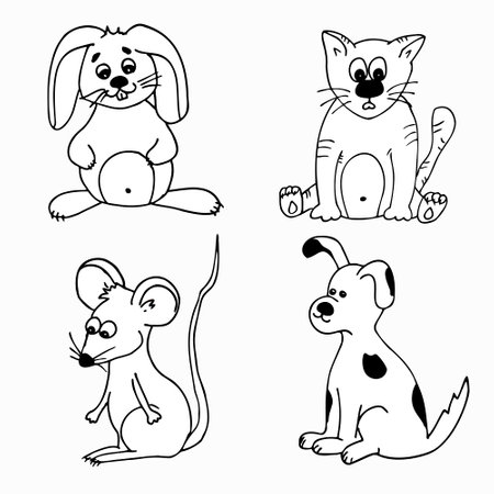 Vector Illustration Of Animal Coloring Page. Cat, dog, mouse and rabbit.のイラスト素材