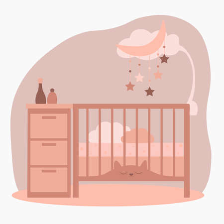 Newborn bed or crib with mobile toys and wardrobe.のイラスト素材